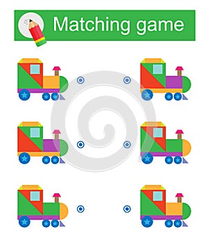 Matching game for kids. Task for the development of attention and logic. Vector illustration of cartoon locomotive