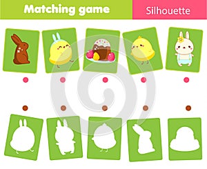 Matching game. Match Easter objects with silhouette. Educational kids activity. Spring theme fun page for toddlers