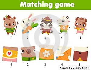 Matching game. Match pattern and cute animal educational children activity for elementary age