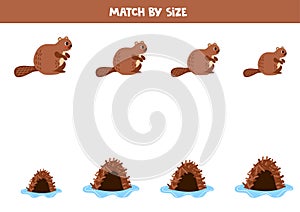 Matching game for preschool kids. Match beavers and lodges by size