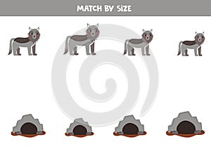 Matching game for preschool kids. Match wolf and its lair by size
