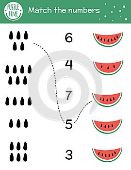 Matching game with watermelon slice and seeds. Summer math activity for preschool children. Tropical counting worksheet.