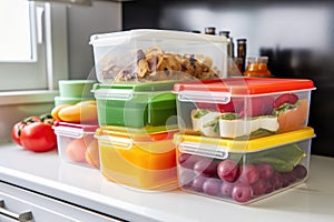 matching lunchboxes in a work fridge