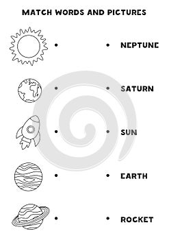 Matching planets of solar system and the words. Educational game for kids.