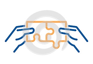 Matching puzzle pieces vector thin line icon. Two hands joining and linking together two pieces of a jigsaw puzzle. Business