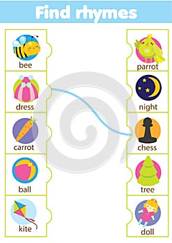 Matching rhyming words game. Educational children activity. Learning rhyme for pre scholl years kids and toddlers photo