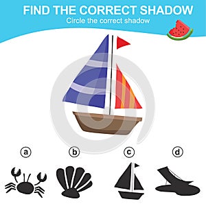 Matching shadow game worksheet for kids. Find the correct shadow of a yacht.