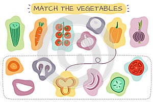 Matching vegetables game. Education kids games with cartoon vegetable attention matching pair quiz pastime illustration