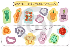 Matching vegetables game. Education kids games with cartoon vegetable attention matching pair quiz pastime illustration photo