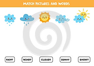 Matching weather events and the words. Educational game for kids