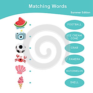 Matching words game summer edition. Matching words game for kids.