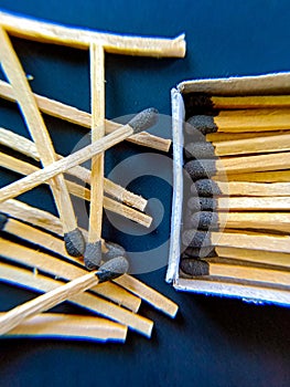 Matchsticks / macro shot / matchbox / blue background