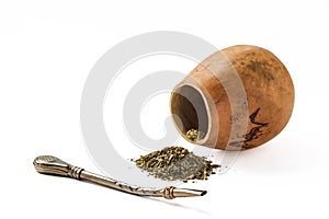 Mate and calabash with bombilla isolated on white