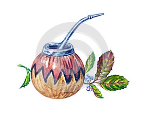 Mate drink in calabash with bombilla and leaves of Paraguayan holly, watercolo photo