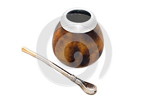 Mate Tea with bombilla and calabash on white backg