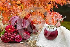 Mate tea in a calabash on a stone table in the garden