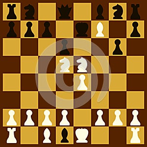 Mate in two moves on the chessboard and the character set of chess pieces. Vector illustration.