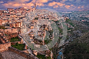 Matera, Basilicata, Italy: landscape at dawn of the old town called Sassi