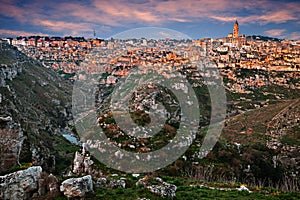 Matera, Basilicata, Italy: landscape at dawn of the old town called Sassi stones