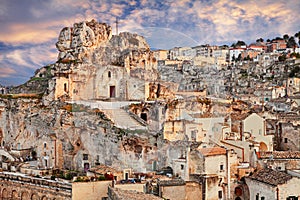 Matera, Basilicata, Italy: landscape of the old town with the rock church Santa Maria de Idris