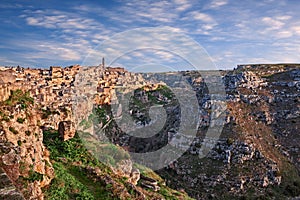 Matera, Basilicata, Italy: landscape at sunrise of the old town over the canyon