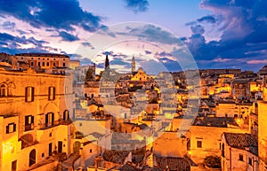 Matera, Basilicata, Italy: Night view of the old town - Sassi di Matera