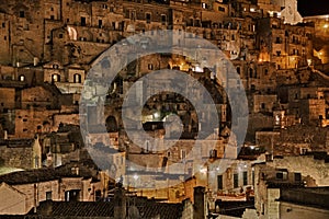Matera, Basilicata, Italy: night view of the picturesque old town called Sasso Barisano