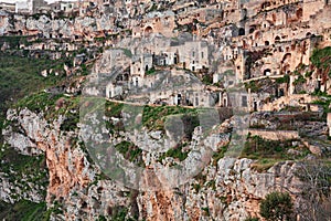 Matera, Basilicata, Italy: the old town with the ancient cave houses carved into the rock over the deep ravine