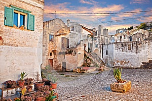 Matera, Basilicata, Italy: view at dawn of a small square in the