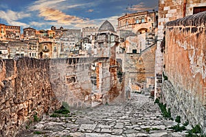 Matera, Basilicata, Italy: view at sunrise of the old town