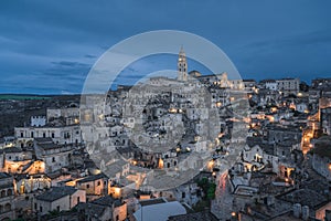 Matera city skyline, the ancient town of Matera at sunrise or sunset, Matera, Italy