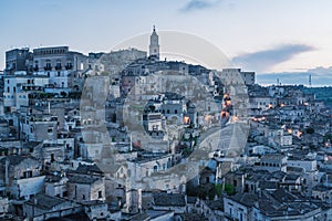 Matera city skyline, the ancient town of Matera at sunrise or sunset, Matera, Italy