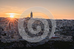 Matera city skyline, the ancient town of Matera at sunrise or sunset, Matera, Italy