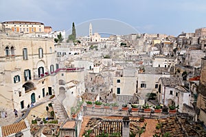 Matera, Italy - August 17, 2020: View of the Sassi di Matera a historic district in the city of Matera, well-known for their