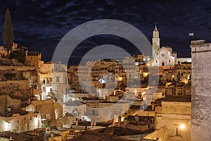 Matera Sassi cityscape by night, Basilicata, Italy