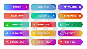 Material design button. Modern colorful gradients, vivid color buttons with icons isolated vector set