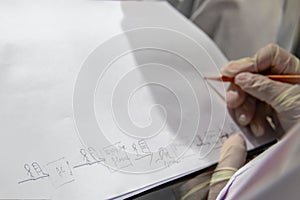 Material flow map drawn in pencil on white sheet of paper, lean manufacturing. Drawing value stream production line