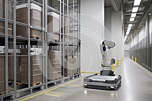 material handling and palletizing robot entering storage room, with multiple pallets visible