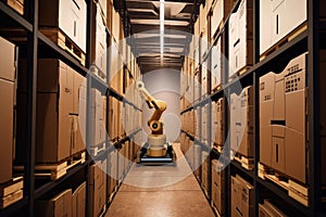 material handling and palletizing robot entering storage room, with multiple pallets visible