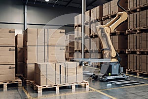 material handling and palletizing robot stacking boxes on pallet in warehouse