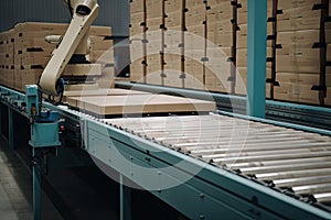material handling and palletizing robot, transporting load of boxes on conveyor belt