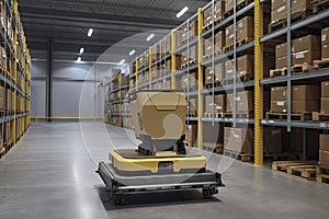 material handling robot transporting heavy load through busy warehouse