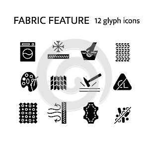 Material properties glyph icons set. Fiber diversity. Leather, snowproof fiber. Antimicrobial wear