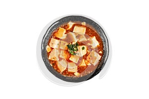 Material of traditional chinese food,Mapo Tofu with green onion and hot spicy on white background.