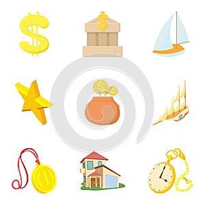 Material welfare icons set, cartoon style