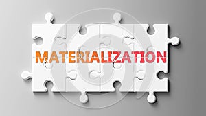 Materialization complex like a puzzle - pictured as word Materialization on a puzzle to show that it can be difficult and needs photo