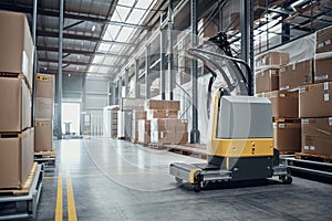 materials handling robot, loading box onto pallet, with view of busy warehouse visible in the background