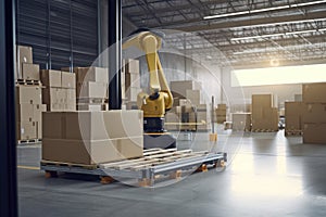 materials handling robot, loading box onto pallet, with view of busy warehouse visible in the background