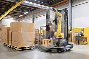 materials handling robot, loading box onto pallet, with view of busy warehouse visible in the background