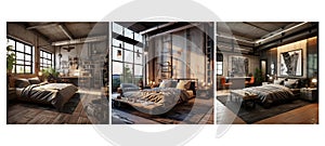 materials industrial guest room interior design ai generated